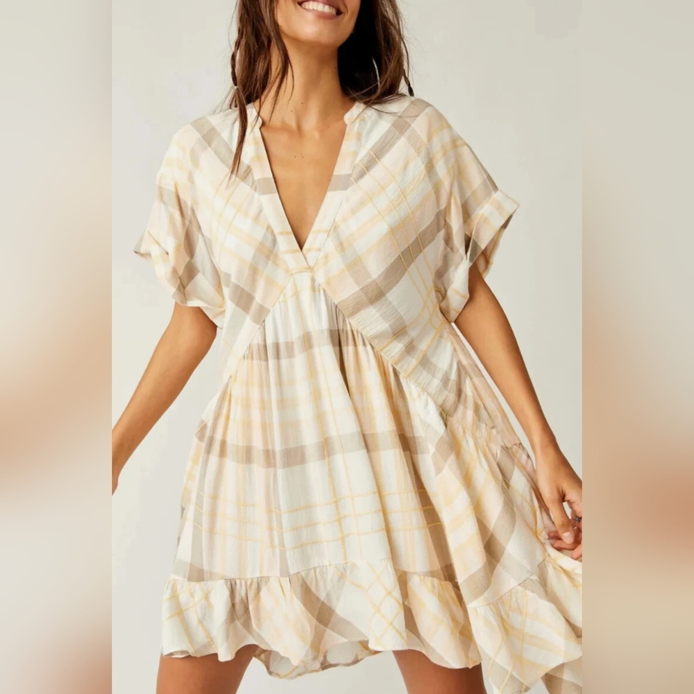 Free People Plaid Mini Dress in Cream and Tan